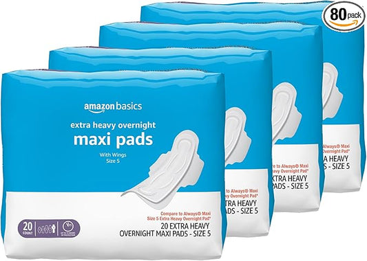 Amazon Basics Thick Maxi Pads with Wings for Periods, Feminine Pads with Leakage Protection, Extra Heavy Overnight Absorbency, Unscented, Size 5, 80 Count (4 Packs of 20) (Previously Solimo)