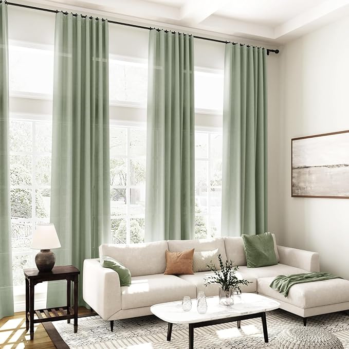 Desert Sage Linen Curtains 80 Inch Length for Living Room Light Filtering Semi Sheer Curtain Back Tab Rustic Farmhouse Decor Elegant Luxury Boho Drapes for Bedroom Dinner Room 52x80, 2 Panels