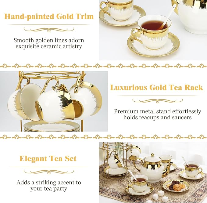 Porcelain Tea Set, Large Ceramic Tea Set for Adults with Metal Holder, 20 Pcs European Tea Cup Set, Luxury Adult Tea Sets Gift, Gold Trim Tea Cup Saucer Sets for Party Deco,1000ML (Gold Trim)