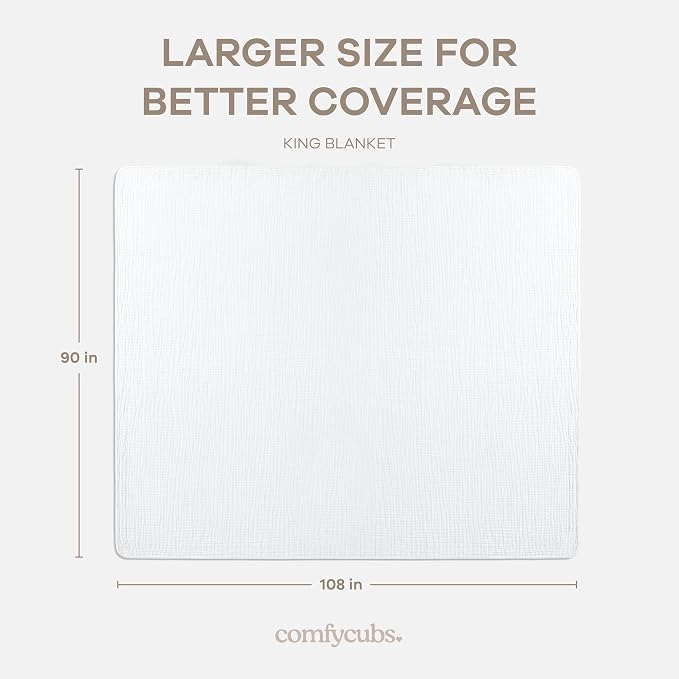 Comfy Cubs Adult Muslin Blanket 108x90” King Swaddle Blankets, White | 6 Layer Soft, Breathable & Lightweight Muslin Adult Blanket - Machine Washable & Designed in the US Bedding for All Seasons