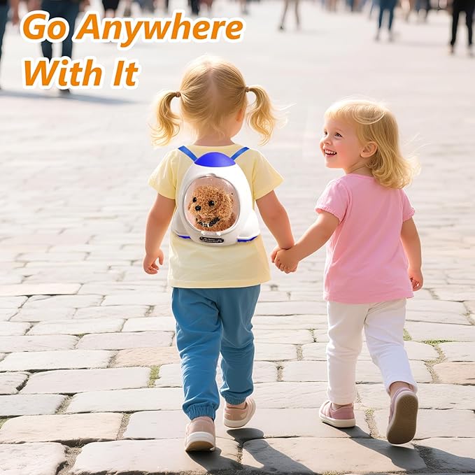 Electronic Interactive Plush Puppy - Battery Operated Mechanical Walking Little Pet Dog with a Cute Bag, Barking, Tail Wagging, Stretching Companion Animal for Toddlers & Kids (Brown)