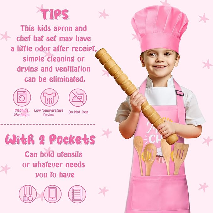 R HORSE Kid Apron and Chef Hat Set 2Pcs Adjustable Children Light Pink Kitchen Toddler Apron for Girls, Role Play Chef Toy Cooking Baking Painting and Training Kits Kid Funny Cooking Birthday Gift