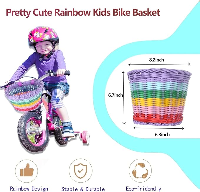 Kid's Bicycle Basket,Colored Tassels Wicker Front Handlebar Bike Basket Handlebar with Streamers Bell and Stickers,Bicycle Decoration for Girls and Boys