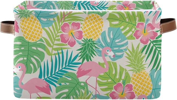 Aslsiy Storage Basket Summer Flamingo Hibiscus Nursery Bins Tropical Leaf Pineapple Baby Box Canvas Clothes Shelf Basket Laundry Hamper Gift Basket for Home Closet 1 Pcs
