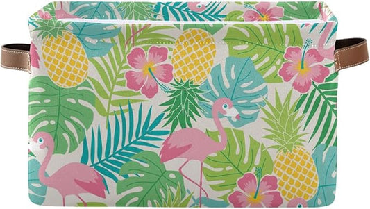 Aslsiy Storage Basket Summer Flamingo Hibiscus Nursery Bins Tropical Leaf Pineapple Baby Box Canvas Clothes Shelf Basket Laundry Hamper Gift Basket for Home Closet 1 Pcs