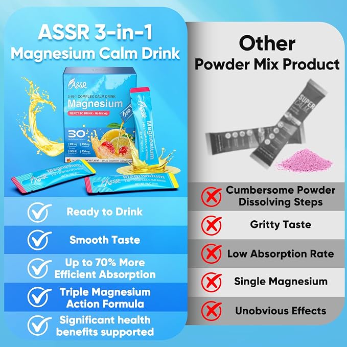 ASSR Calm Magnesium Glycinate Drink for Sleep Aid & Relaxation, Triple Magnesium Complex with KSM-66 Ashwagandha L-Theanine Vitamin D Balance Cortisol, Mood & Stress, No Sugar, Ready to Drink, 30ct