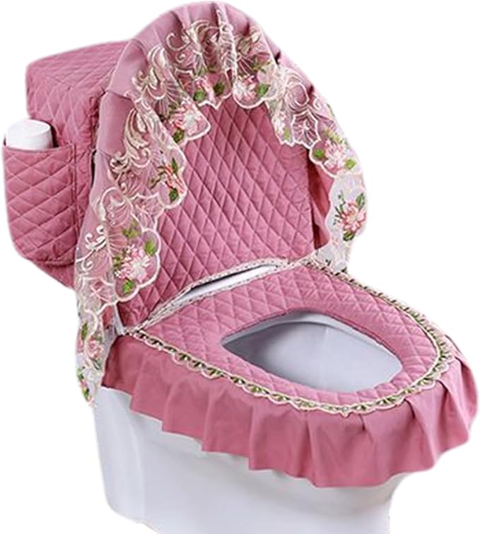Toilet Seat Cover Set, 3Pcs Soft Lace Toilet Cover Set with Storage Bag, Washable Tank for Bathroom