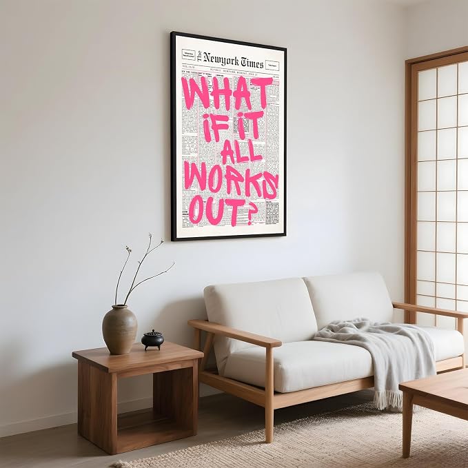What If It All Works Out Poster Retro Newspaper Pink Wall Art Positive Affirmation Quote Minimalist Canvas Painting Prints Wall Decor Aesthetic for Home Bedroom Office 8x12inch Black Aluminum Frame