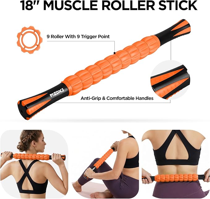 Muscle Roller & Massage Roller Stick for Athletes - Lymphatic Drainage Support, Relieves Muscle Soreness, Cramping & Tightness - Targets Legs, Arms, Back & Calves （Orange - 18inch）