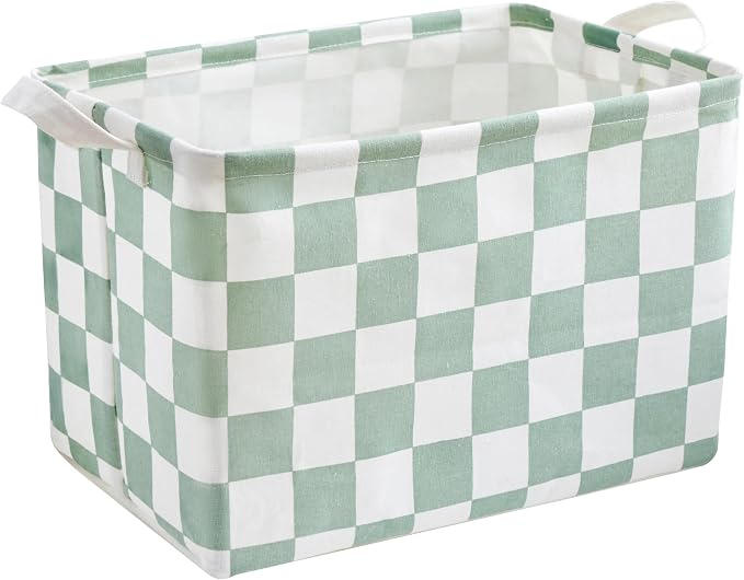 Ohocut Sage Green Checkered Canvas Basket, Rectangular Organizing Decorative Storage Basket for Kids, Dog Toy, Cute Aesthetic Checkered Room Decor for Home, Kitchen, Bedroom, Classroom, Shelves