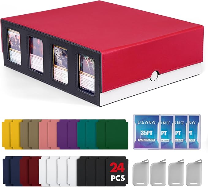 UAONO Trading Card Storage Box with Commander Display; 2400+ Deck Box for MTG with Removable Cover; Top Loaders Card Case fits Magic TCG PTCG Sports Cards; 24 Dividers, 4 Stoppers (Red, White)