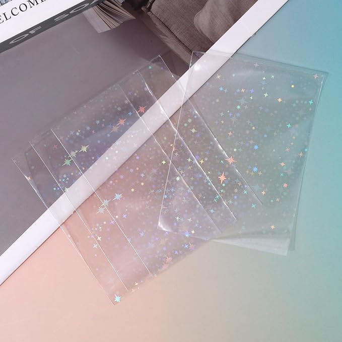 Penitue 100pcs Photocard Sleeves, 9.1x6.5cm/3.58x2.56in Star-Shape Laser Flashing Card Sleeves Holographic Foil Protective Cover for Card Enthusiasts