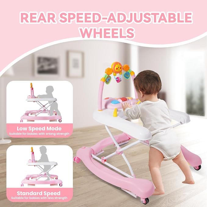 Baby Walker, 5 in 1 Baby Walkers for Boys Girls 6-12 Months, Foldable Walkers for Babies with Bouncer & Feeding Tray, Music, Adjustable Heights, Activity Walker for Infant