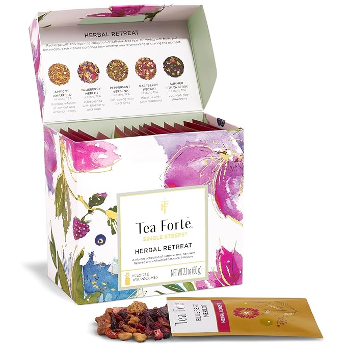 Tea Forte Single Steeps Loose Leaf Tea Sampler, Assorted Variety Tea Box, 15 Single Serve Pouches, Herbal Retreat