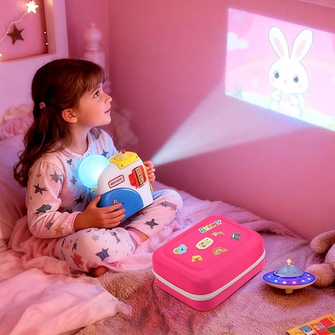Case Compatible with Little Tikes Story Dream Machine Starter Set, Toys Storage Bag with 5 DIY Embroidery Patches, Organizer for Projector Storytime Books and Audio Character- Pink Letters (Box Only)