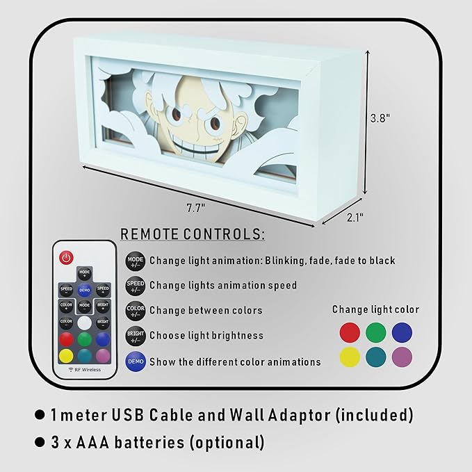 Anime LED Light Box, Manga Shadow Box Frame, Anime Paper Cut Box, Table Lamp for Anim Enthusiasts, RGB Multi Color Light, Night Light for Room Decor, Unique Anime Desk Decor (Luffy)