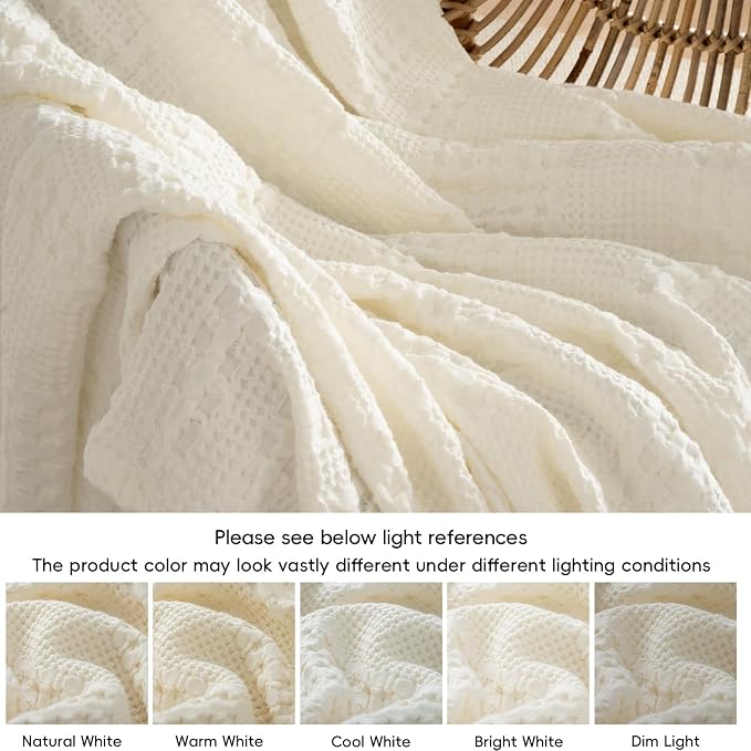 PHF 100% Cotton Waffle Weave Blanket Queen Size, Lightweight Breathable Summer Blanket for Hot Sleepers, Pre-Washed Soft Layer for Bed, Couch, Aesthetic Home Decor & Gift, 90"x90", Ivory