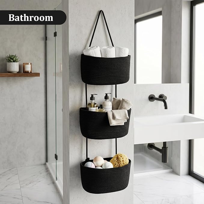 TeoKJ Over the Door Hanging Basket, 3-Tier Woven Cotton Wall-Mounted Storage Organizer Bag Decorative Hanging Nursery Baskets, Black