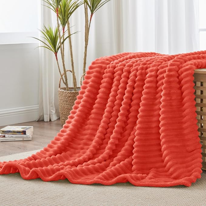 BEDELITE Striped Fleece Throw Blanket, Coral Red, 50"x60" | 300GSM Microfiber Fleece, Soft Cozy, Lightweight Warm, Double-Sided Plush, Machine Washable, Gift, Room Decor, for Couch Sofa