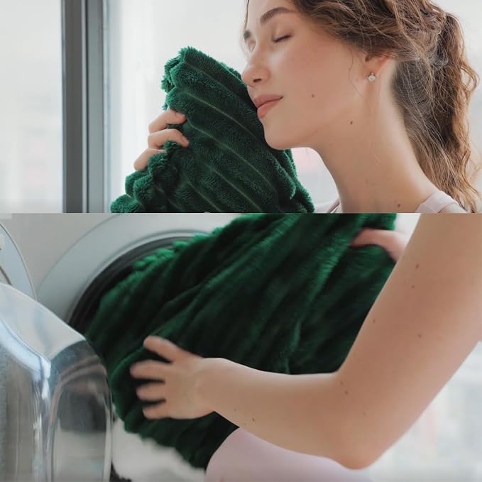 Green Sherpa Fleece Throw Blanket 50”×60” for Couch Sofa Bed | Double Side Soft Fuzzy Cozy Plush Thick Flannel Blanket with Striped Design Gift for Adults,Woman