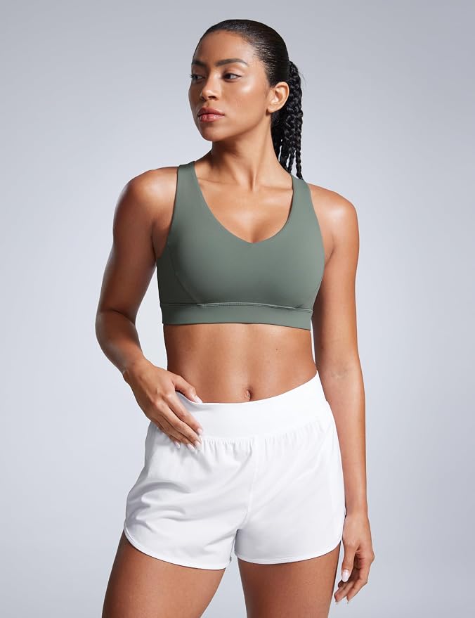 CRZ YOGA Butterbreeze Criss Cross Back Sports Bras for Women - V Neck Adjustable Straps Padded Workout Training Crop Top