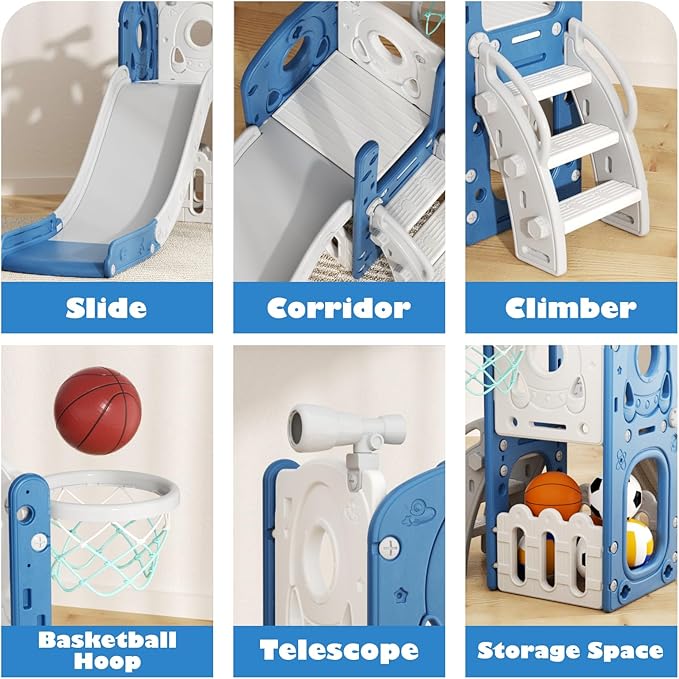 Glaf Toddler Slide 6 in 1 Outdoor Playset Indoor Playground for Kids Toddlers Age 1-3 Baby Slide with Basketball Hoop and Ball Storage Space and Telescope Freestanding Climber Slides Toys (Blue)