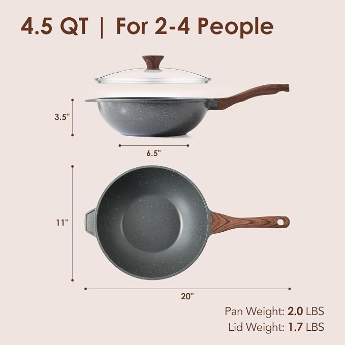 SENSARTE Nonstick Wok Pan with Lid 11-inch, Healthy Stir-fry Pan Induction Cookware with Swiss Granite Coating, Deep Frying Pan Skillet with Stay-cool Handle, PFOA Free
