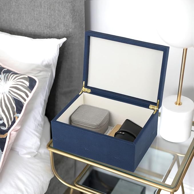 HofferRuffer Faux Leather Decorative Box, Large Wooden Structure Keepsake Box Accessory Organizer Jewelry Organizer with Hinged Lid, Storage Container for Home or Office (NavyBlue Shagreen)