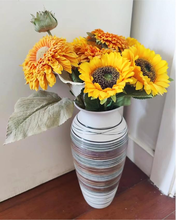 12.6" Tall Vintage Ceramic Rustic Farmhouse Vase (Half Stripe Brown) | Large Boho Textured Flower Vases for Home Decor, Living Room, Table, Mantel, Shelf