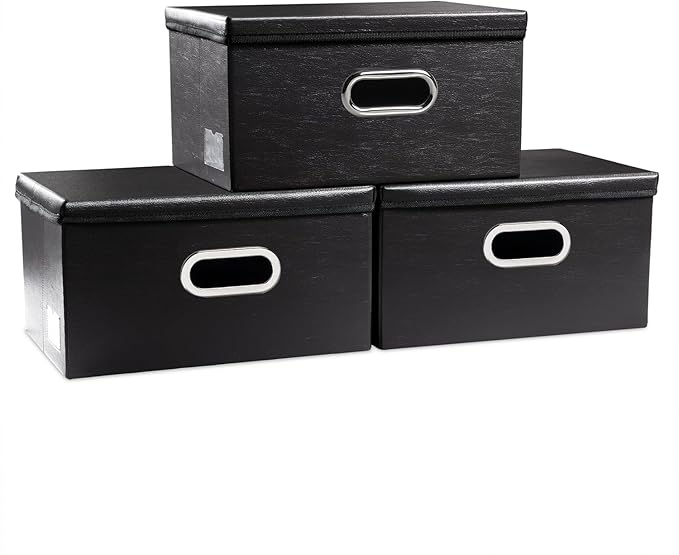 Collapsible Storage Box with Lid [3-Pack] Leather Fabric Foldable Storage Bin Organizer Container Basket Cube with Cover for Home Bedroom Closet Office Nursery Black(13.6x9.6x6.9)
