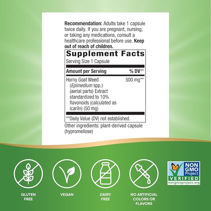 Nature's Way Horny Goat Weed, Standardized Extract, Supports Sexual Vitality*, 500 mg per Serving, Non-GMO Project Verified, 60 Vegan Capsules (Packaging May Vary)