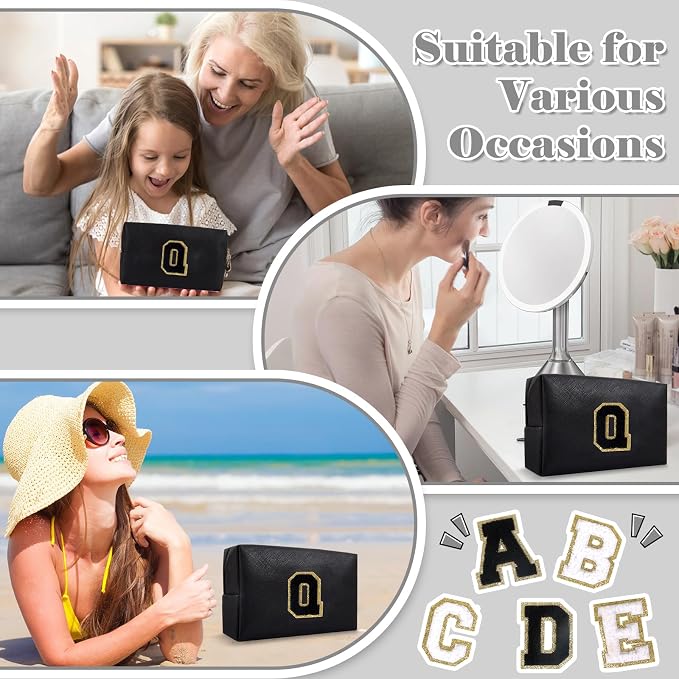 Personalized Initial A-Z Preppy Patch Makeup Bag,Small PU Chenille Letter Cosmetic Bag with Zipper for Teen Girls,Black Cute Toiletry Organizer Bag,Monogram Makeup Case Gift for Women Girls,Letter Q