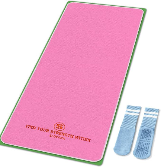 Upgraded Yoga Mat Towel with Bonus Grip Socks, Rose Pink | Elegant Embroidered, 1-Second Sweat Absorption & Non-Slip | Machine Washable Microfiber | Hot Yoga, Pilates | 73''*27.6''