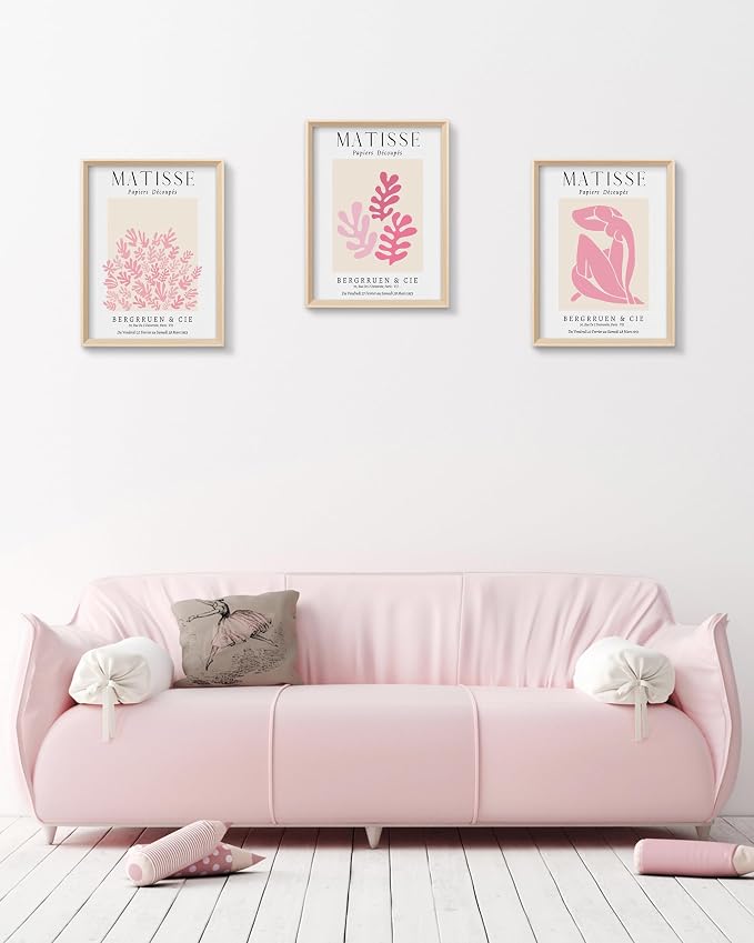 Matisse Pink Framed Wall Art Set of 3, Abstract Canvas Prints | 12x16in High-Framed Design, Matisse-Inspired Artwork, Pink Minimalist Wall Decor for Living Room Bedroom Bathroom