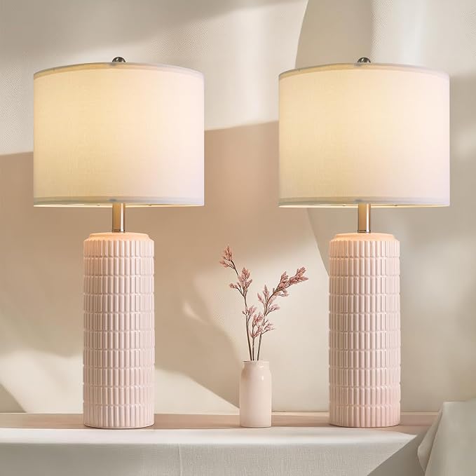 PoKat 27.5" Pink Ceramic Table Lamps for Girls Room Set of 2, Modern Bedroom Lamps, Bedside Lamps for Night Stands Living Room, Cute Lamps Pink Decor, Nightstands Desk Nursery