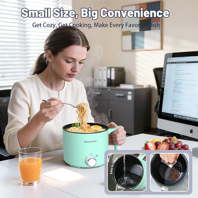Electric Hot Pot 1.5L Nonstick Ramen Cooker for One-Person | Dual Power Setting for Hot Pot, Pasta/Soup/Oatmeal/Egg, Portable for Dorm/Travel, Overheat & Boil-Dry Protection(Green, 1.5L)