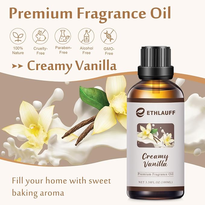 Creamy Vanilla Essential Oil, 100ml Vanilla Fragrance Oil, Aromatherapy Oil for Candle/Soap Making, Massage -3.38FL.OZ