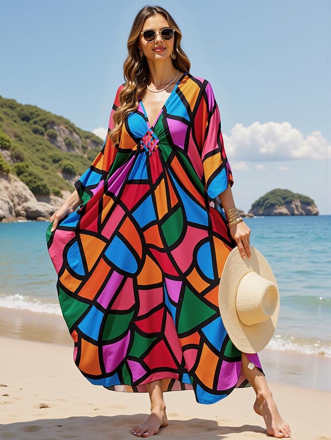 Mumu Dresses for Women Plus Size, Bohemian Kaftan Beach Cover Up Long Maxi Nightgown Soft Loungewear