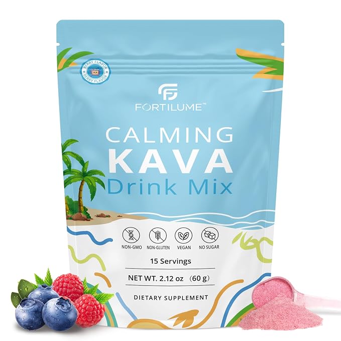 FORTILUME Calming Kava Drink Mix, Instant Kava Powder, Low-Calorie, Non-Alcoholic | Plant-Based Relaxation Alternative Beverage | 15 Servings (Berry)