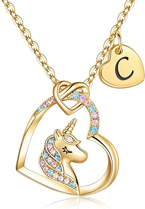 Hidepoo Valentines Gifts for Kids Girls - Unicorn Necklace Gifts for Teen Girls Kid, Colorful CZ Heart Pendant Initial Unicorn Necklaces for Girl Jewelry Birthday Gift for Girl Kid
