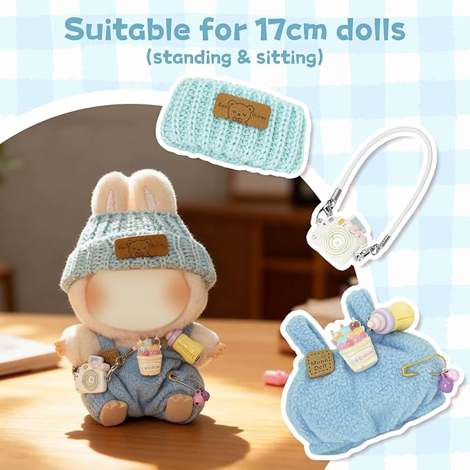 17cm Doll Clothes Set, 3-Piece Premium Velvet Outfit with Mix & Match Accessories, Easy-Dress Fashion for Collectible Display & Play (Doll Not Included, Blue)