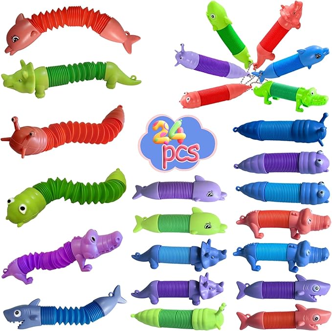 Pop Tubes Fidget Toys 24 Pcs,Party Favors Supplies Birthday Gifts for Kids Adults,Easter Basket Goodie Bag Stuffers,Sensory Toys for Anxiety ADHD Stress Relief,Treasure Box Toys Classroom Prizes