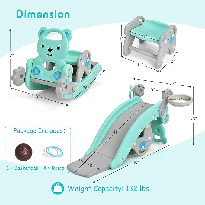 HONEY JOY Toddler Slide Rocking Toy, 6 in 1 Convertible Freestanding Slide for Kids w/Basketball Hoop/Ring Toss Game/Rocking Horse/Stool, Foldable Baby Climber Playground Slide for Indoors Outdoors