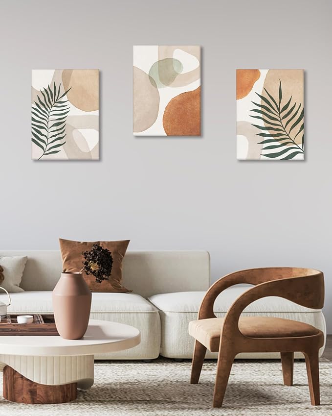 HesenDot Abstract Botanical Wall Art Set of 3, 30x40CM Neutral Plant Framed Canvas Prints, Beige Green Boho Aesthetic Wall Decor for Living Room Bedroom Bathroom Office Home