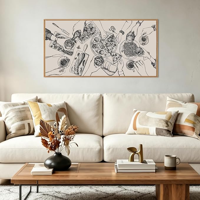 BINCUE Large Framed Wall Art Food and Drink Canvas Wall Decor Pizza Cheers Sketch Painting Retro Canvas Wall Art for Kitchen Dining Room Restaurant Used for Gatherings Decor