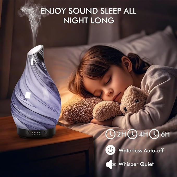 Aromatherapy Essential Oil Diffuser for Home- Art Glass Diffuser for Essential Oils with Waterless Auto Shut-Off 4 Timer 7 Colors LED Night Light for Home Office Decor Gifts for Women