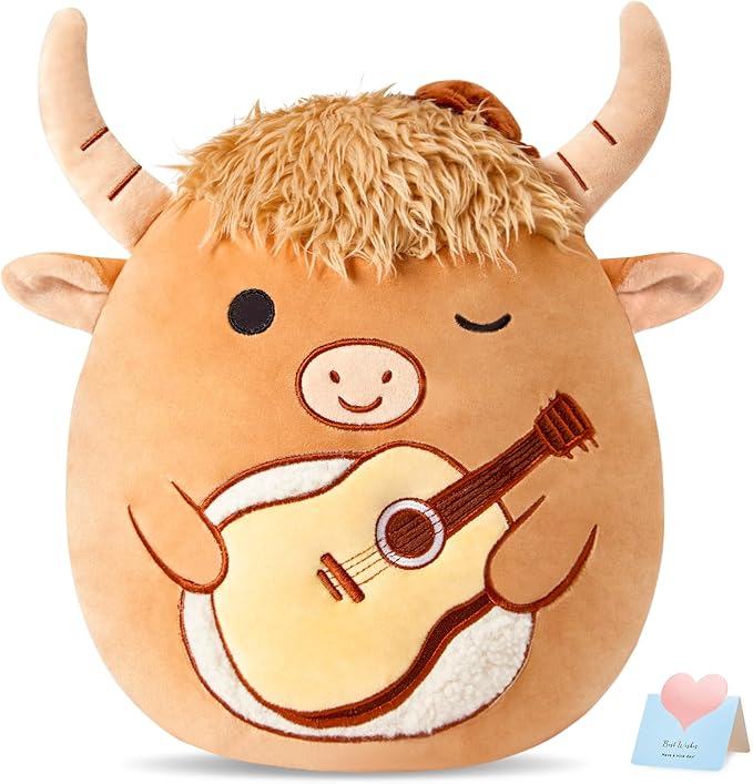 Glow Guards 12'' Highland Cow Plush Pillow Cute Highland Cow Stuffed Animal Holding Guitar Soft Plush Toy Birthday Gift for Boys Girls Kids