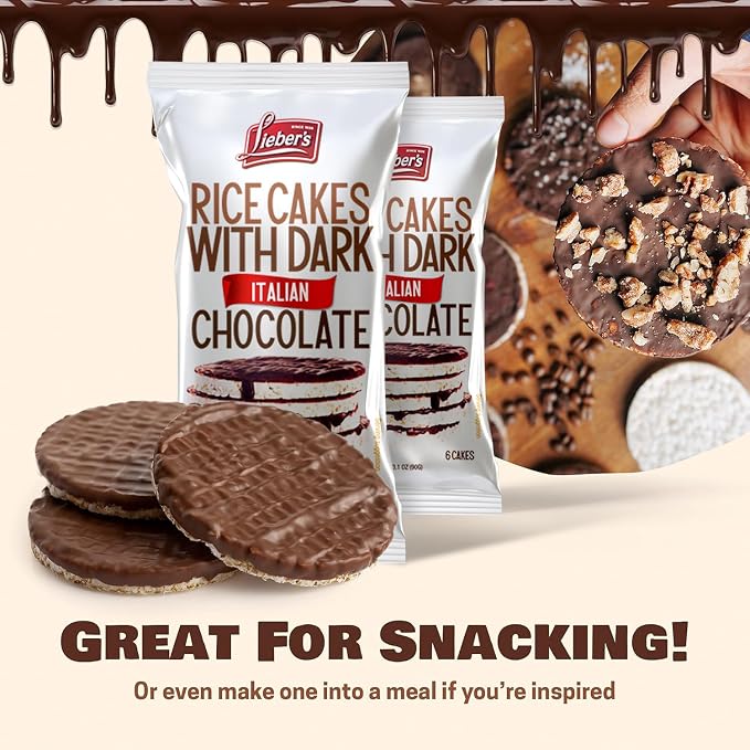 LIEBERS Dark Chocolate Rice Cakes, Kosher, Dairy Free, Gluten Free, 3 Pack | Vegan Whole Grain Brown Rice Snack, Crispy & Low Calorie, 60 Calories or Less per Cake, Great on the Go