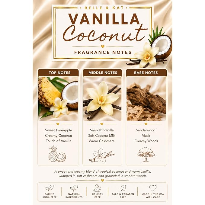 Body Powder for Men & Women Scented Vanilla Coconut, Bath Perfume Dusting Powder with Fragrance & Essential Oils, Talc Free 8oz Large Container with Puff, Made in USA