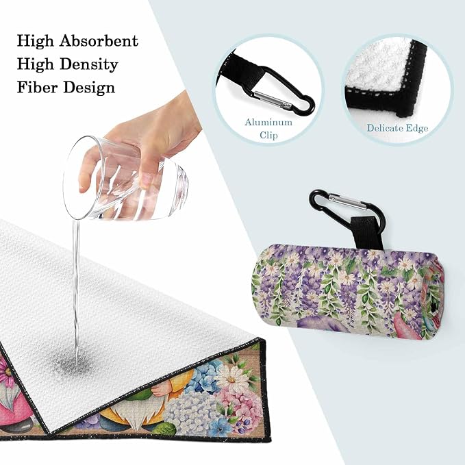 Blue Purple Gnomes Golf Towel with Clip, Spring Vintage Hydrangea Flower Leaf Large Microfiber Women Men Sports Work Out Disc Golf Bag Towel for Yoga, Gym, Fitness, Swimming Towels Accessory